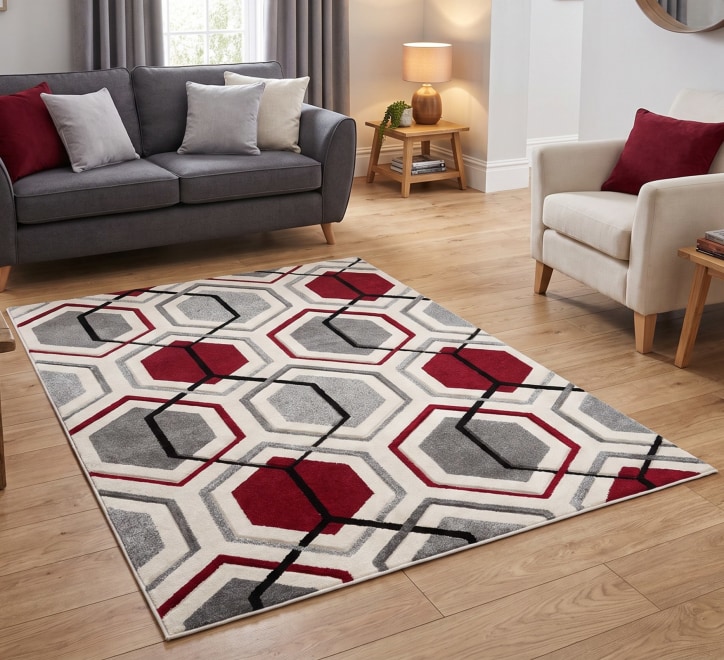 grey white red hexagon pattern rug