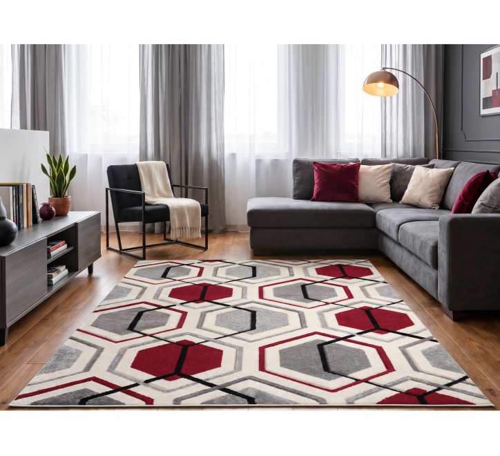 grey white red hexagon pattern rug