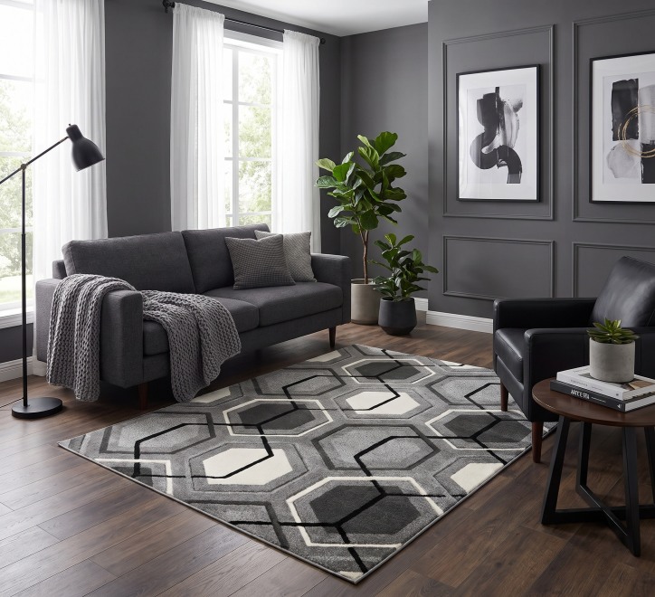 grey white charcoal hexagon pattern rug