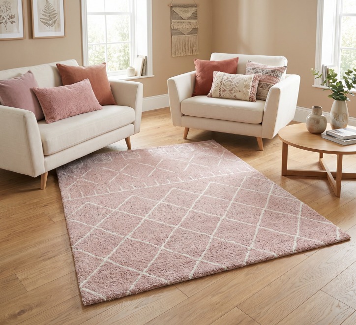 pink white mixed pattern rug