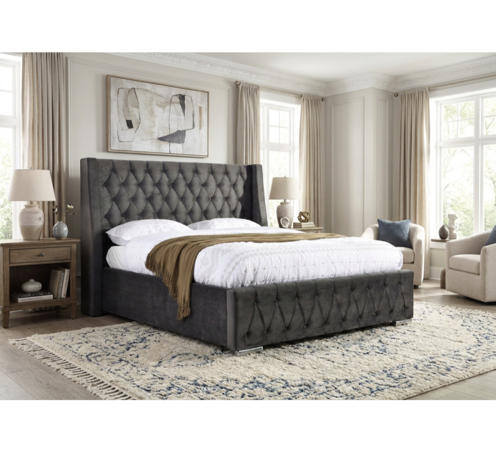 grey fabric bed with button headboard and footboard design