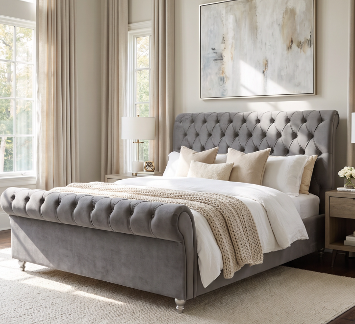 grey fabric bed button design headboard and footboard