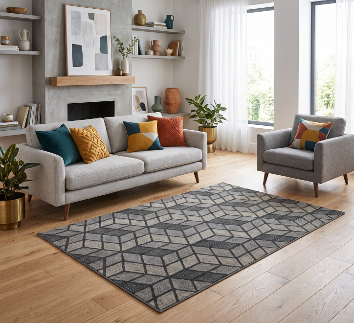 charcoal grey geometric cube pattern rug