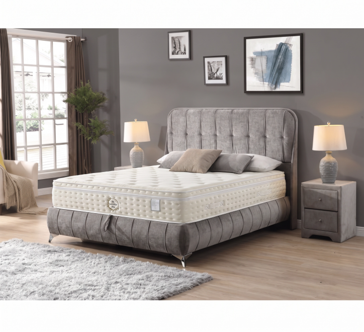 luxury high mattress on grey fabric storage bed