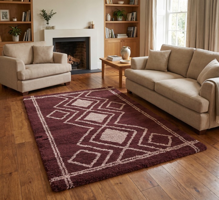 dark red and beige diamond pattern shaggy rug