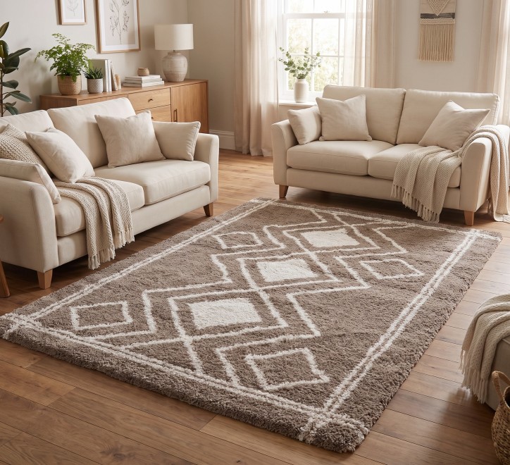 taupe beige diamond pattern shaggy rug