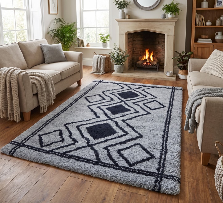 blue navy diamond pattern shaggy rug