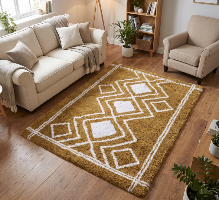 mustard cream diamond pattern shaggy rug