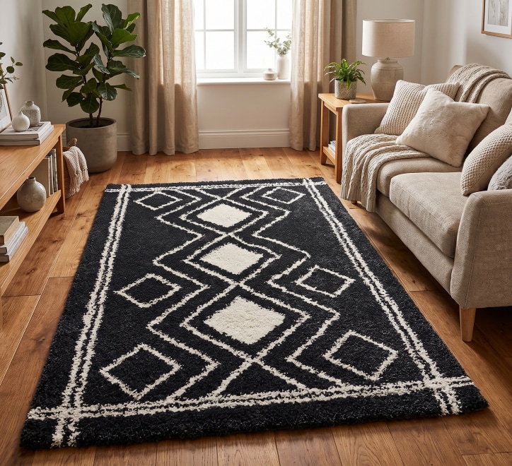 grey white diamond pattern shaggy rug