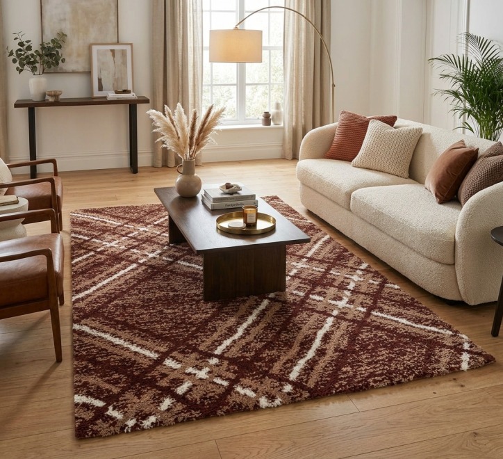 red orange white square pattern plush rug