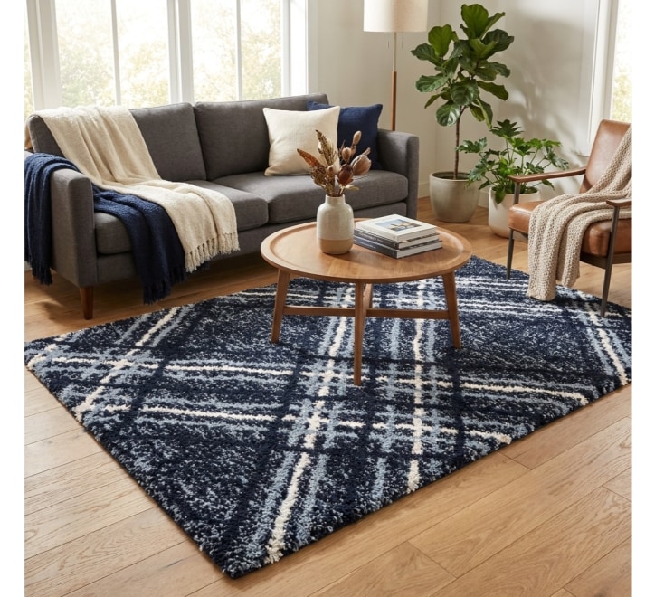blue navy white sqaure pattern plush rug