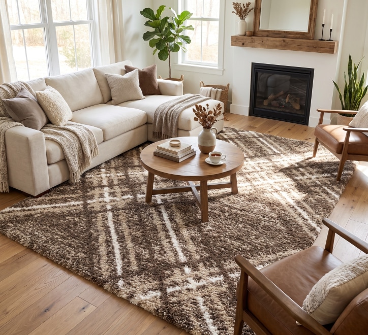 taupe beige square pattern plush rug
