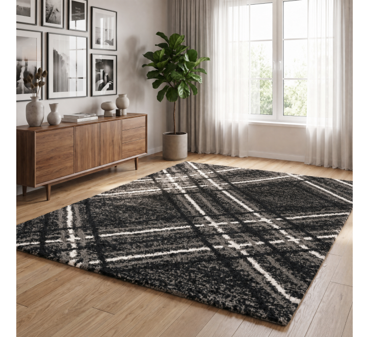 black grey white square pattern plush rug