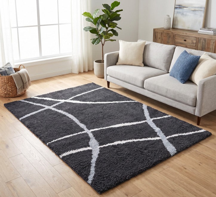black grey white curved line pattern rug