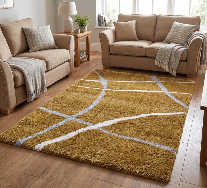 mustard grey white curved line pattern rug