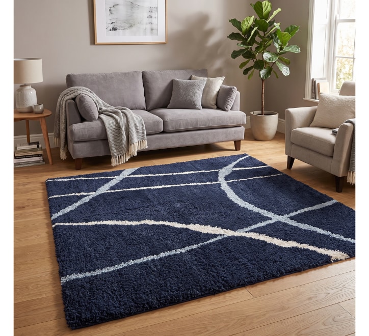 blue white navy curved line pattern rug