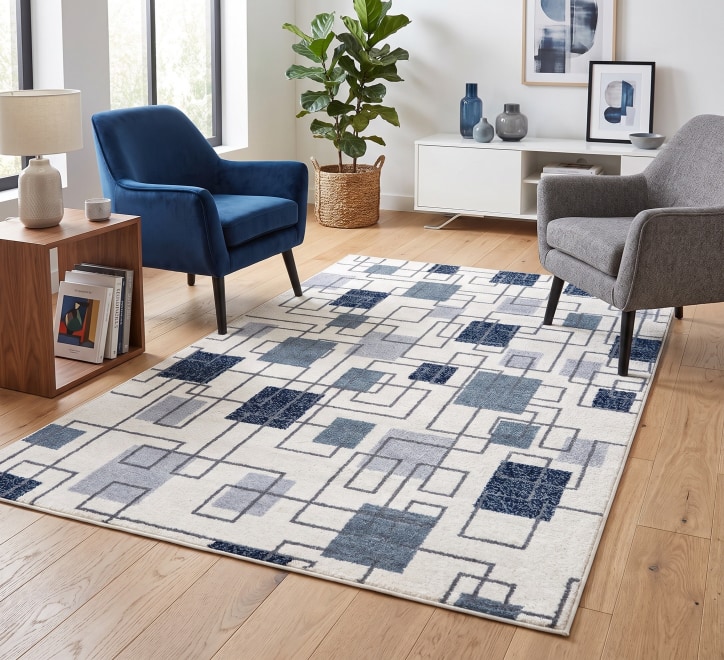 white blue square pattern rug