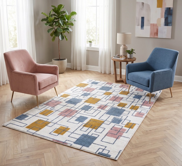 multicoloured square pattern rug