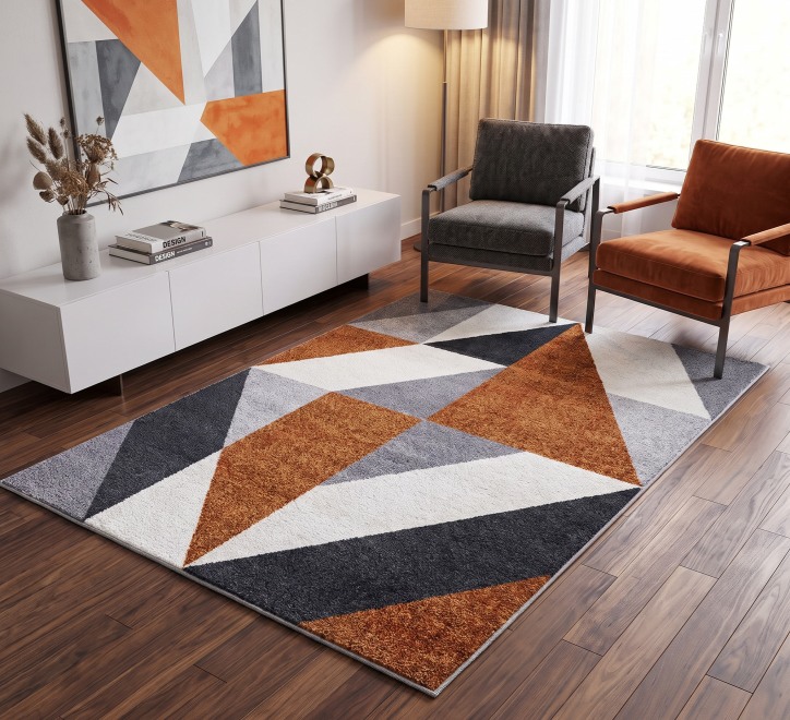 orange white grey geometric pattern rug