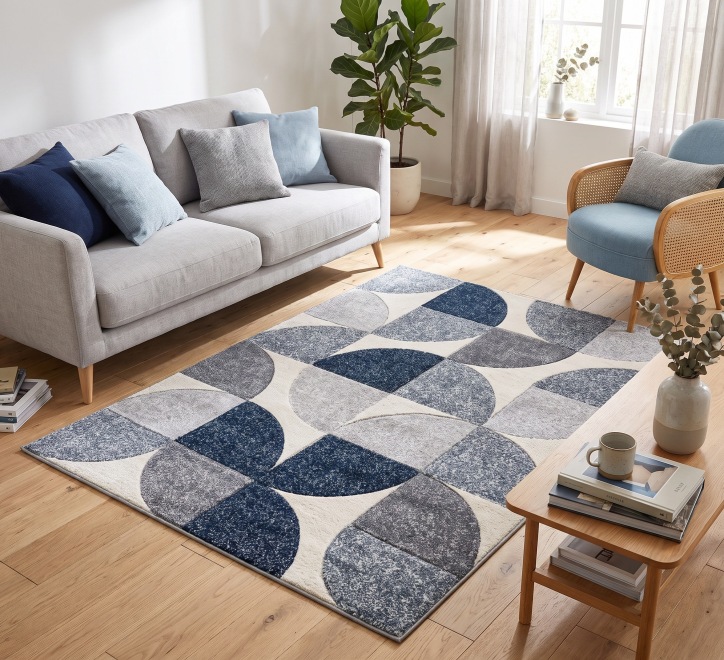 blue white grey inverted circle pattern rug