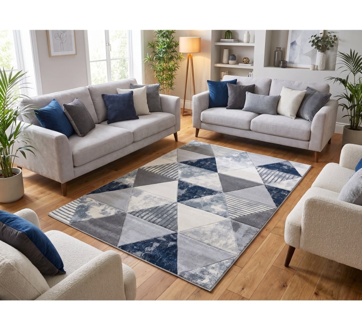 blue white grey triangle pattern rug