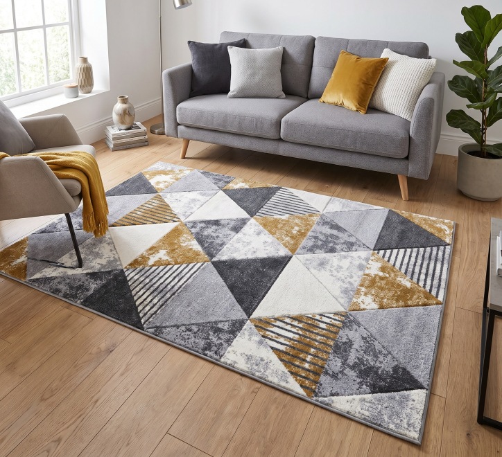 grey white gold triangle pattern rug