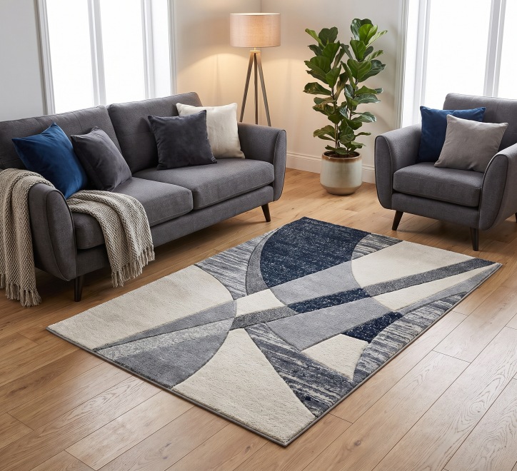 blue white grey mixed shapes pattern rug