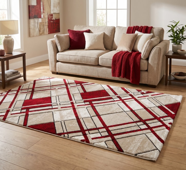 cream red rug rectangle pattern