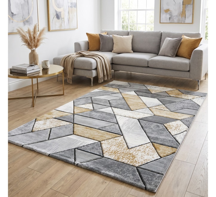 grey gold white geometric pattern rug