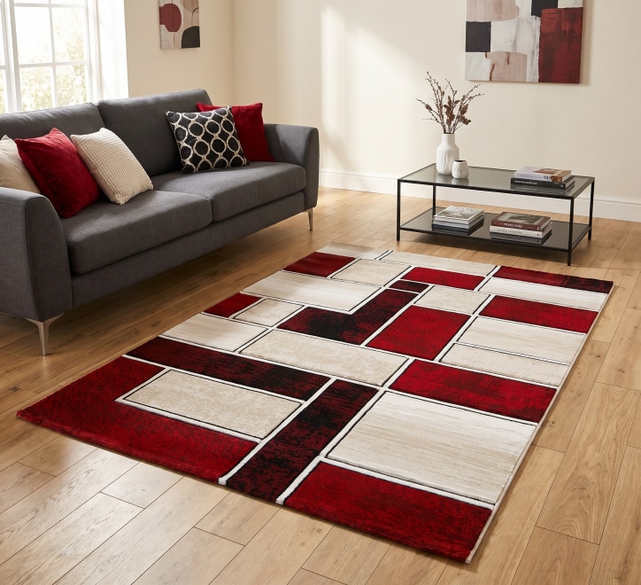 cream red rectangle pattern rug