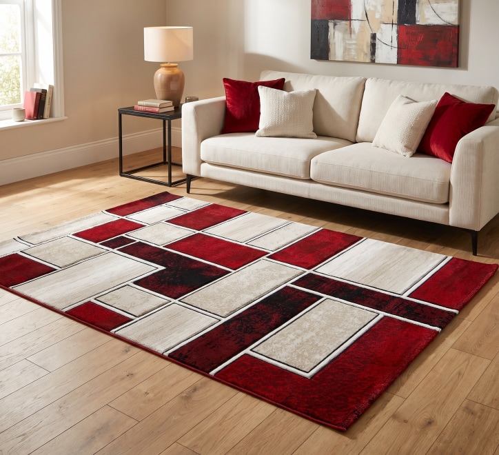 cream red rectangle pattern rug