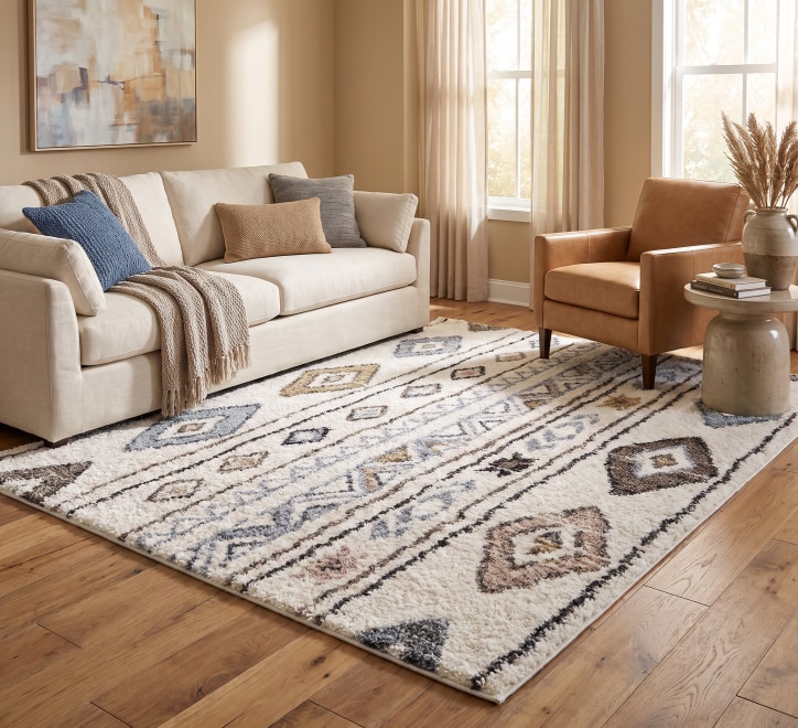 multicoloured diamond pattern rug