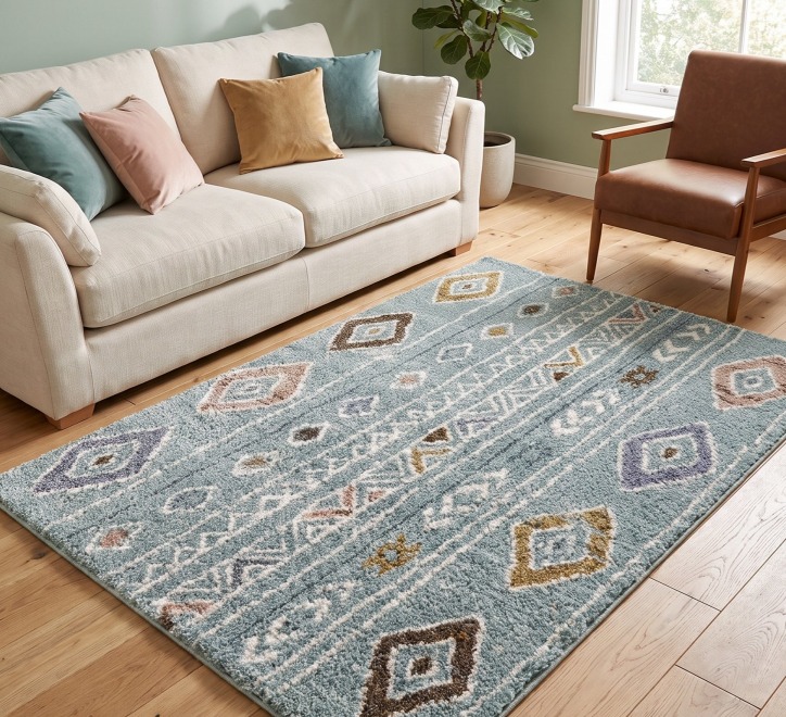 multicoloured geometric pattern rug