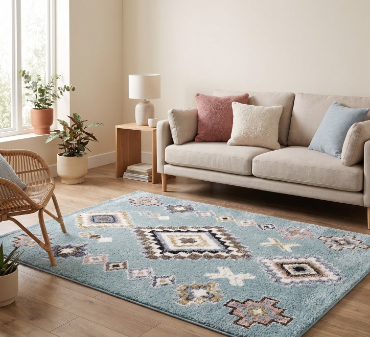 teal green geometric pattern rug
