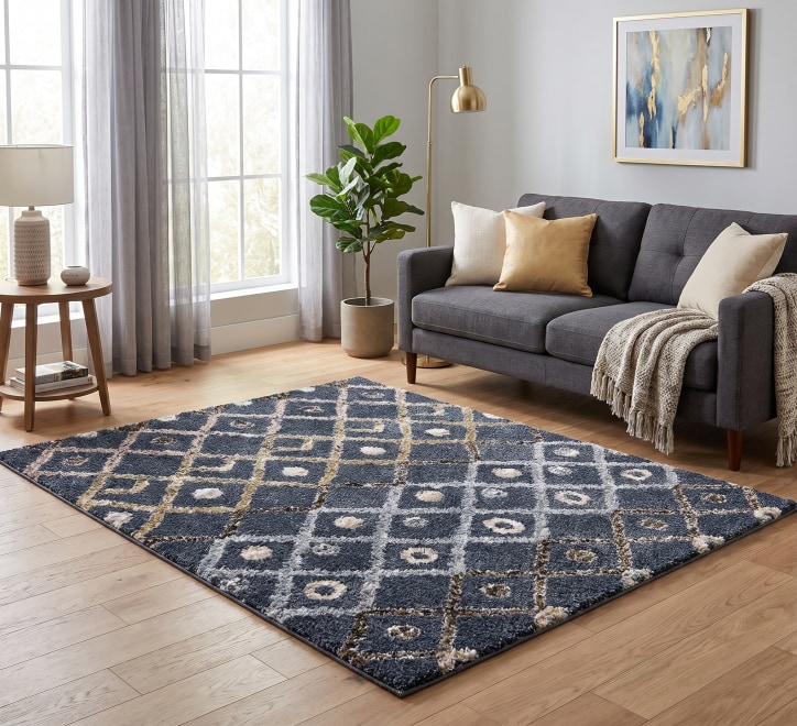 multicoloured diamond and circular pattern rug