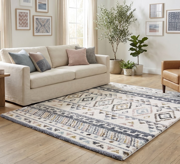 multicoloured geometric pattern rug