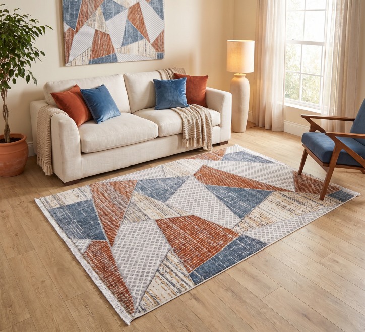 blue orange white geometric pattern rug