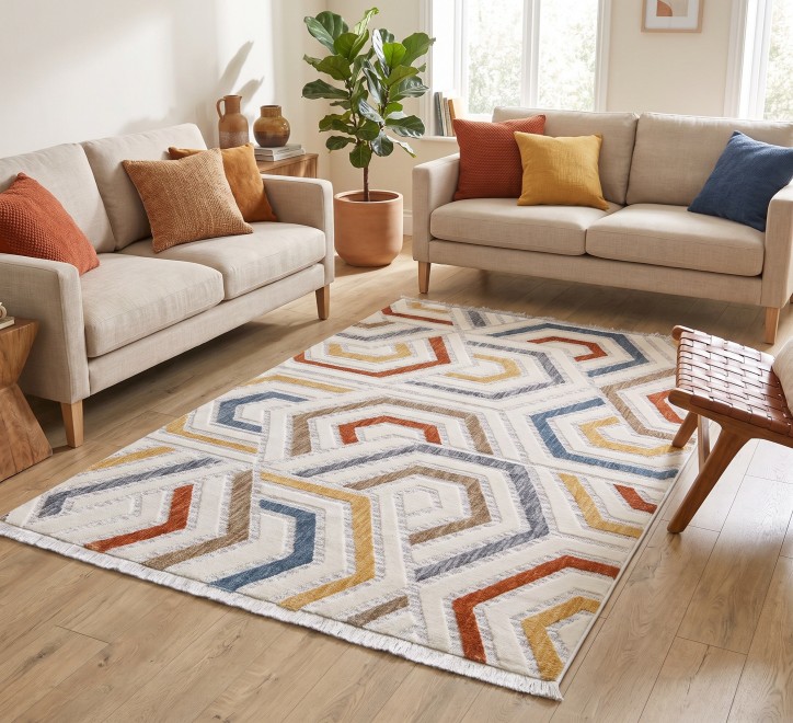 multicoloured geometric pattern rug