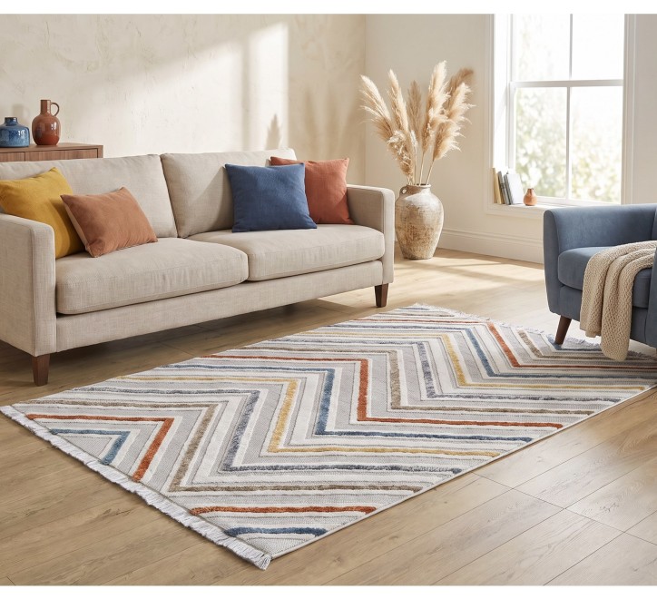 multicoloured lined pattern rug