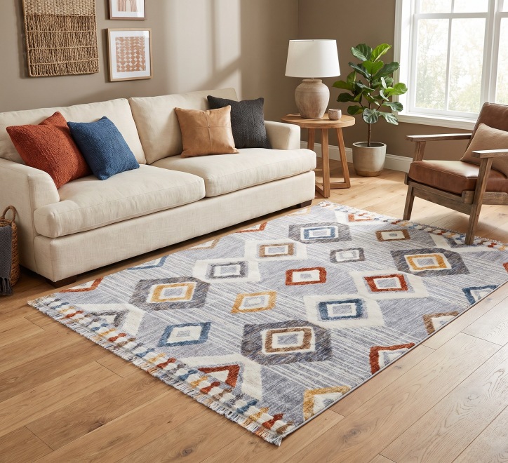 multicoloured diamond pattern rug