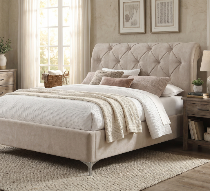 beige fabric bed