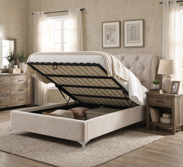 beige fabric gaslift storage bed