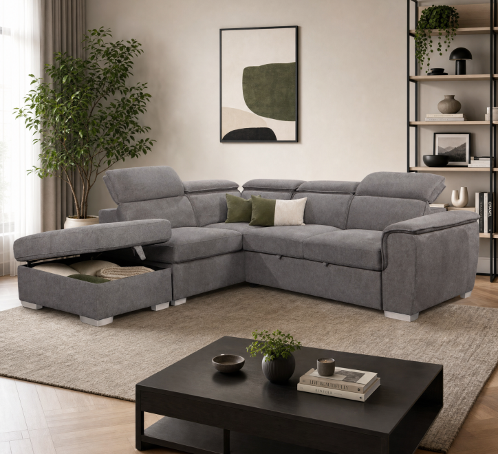 grey fabric corner sofabed with storage box