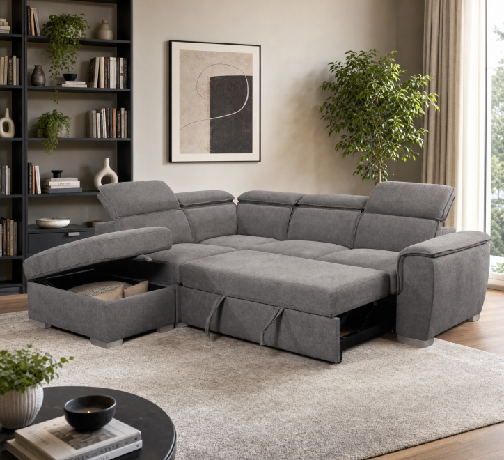 grey fabric corner sofabed