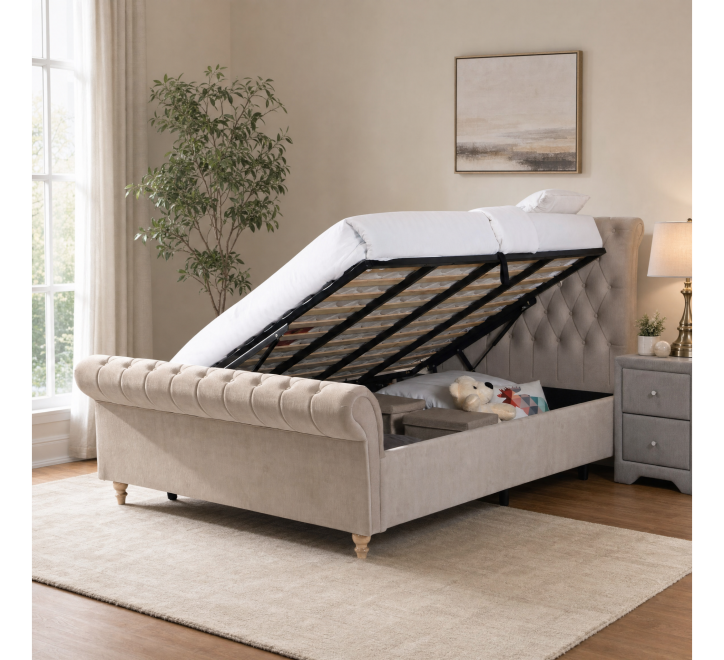 beige fabric gaslift storage bed