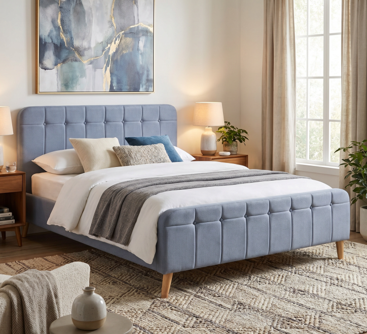 blue fabric bed wooden feet button headboard