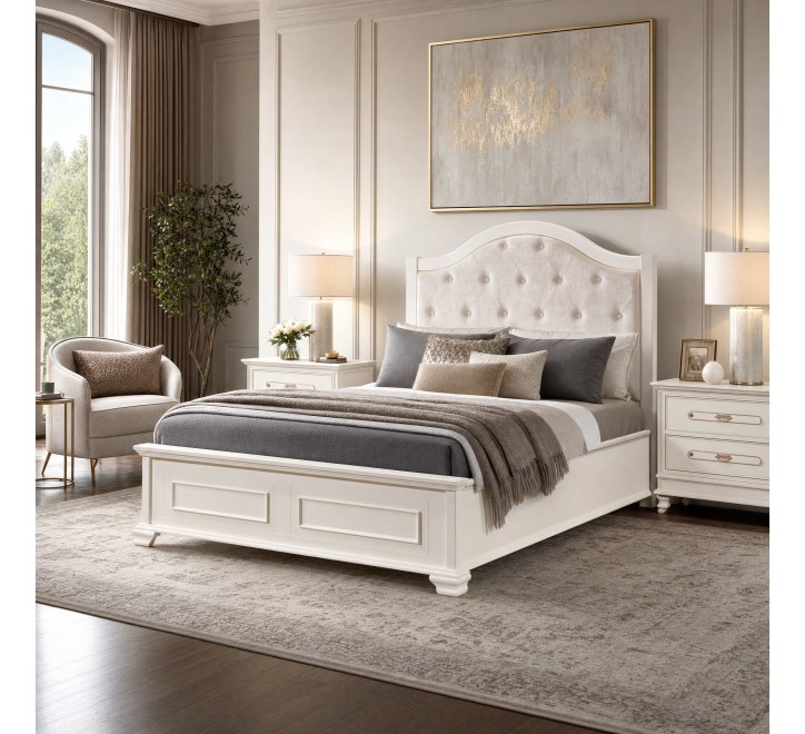 white wooden bedframe panelled footboard button design headboard