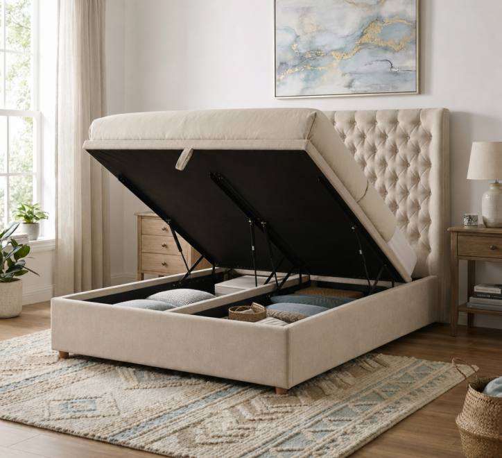 beige fabric gaslift storage bed