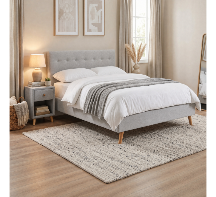 light grey fabric bed with button headboard wooden feet