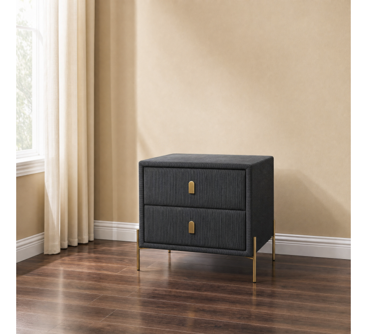 grey corded fabric bedside locker with gold handles and legs